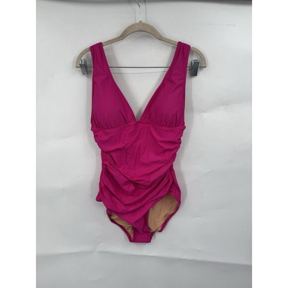 J. Crew Women's SZ 10 Pink Ruched V-Neck One-Piece Swimsuit Poolside NEW Coastal - Picture 1 of 7